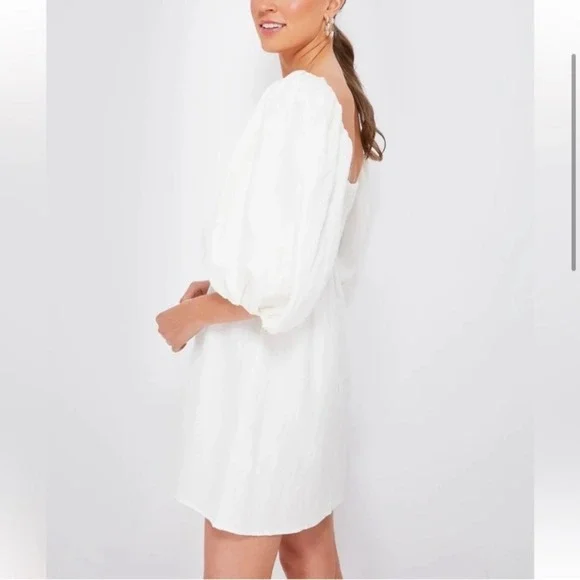 Tuckernuck Annie Linen Mini Dress White Dress Square Neck Smocked Puff  Sleeve Sm Women